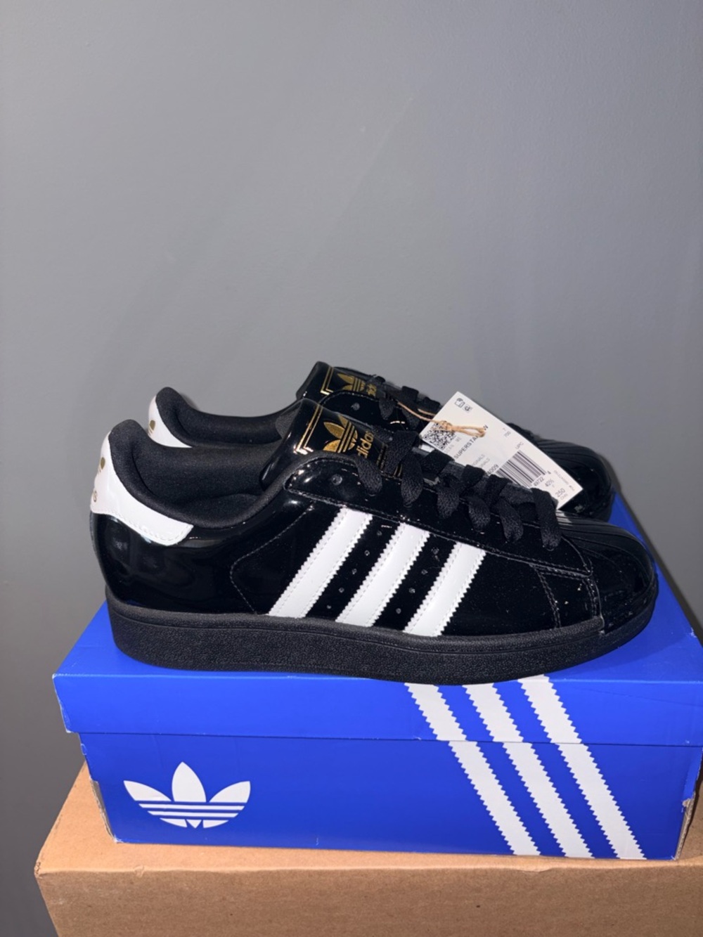 adidas Black Patent Leather Sneakers with White Stripes